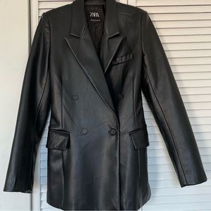 Zara Structured Leather Blazer w/ Shoulder Pads